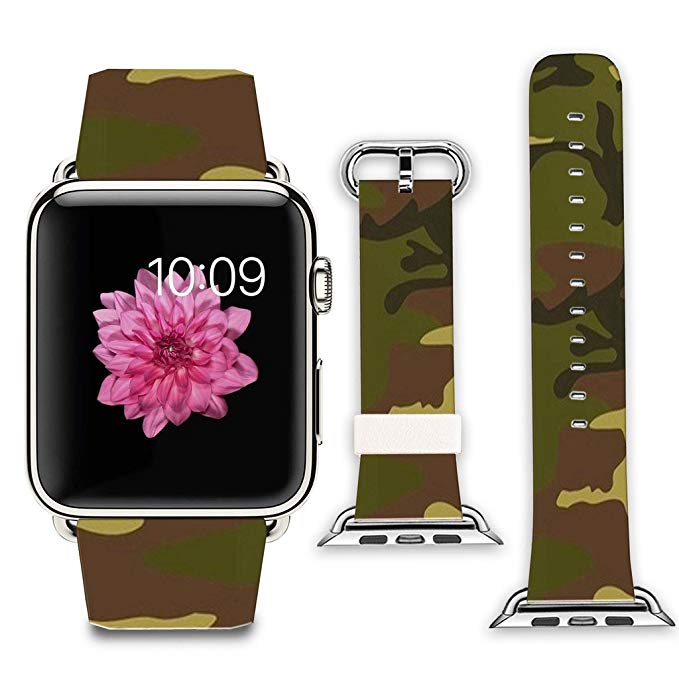 Apple Watch Band+adapter 42mm Stainless Steel Silver Metal Replacement Strap Wrist Band for Apple Watch 42mm (100% Leather - Dark green camouflage Pattern)