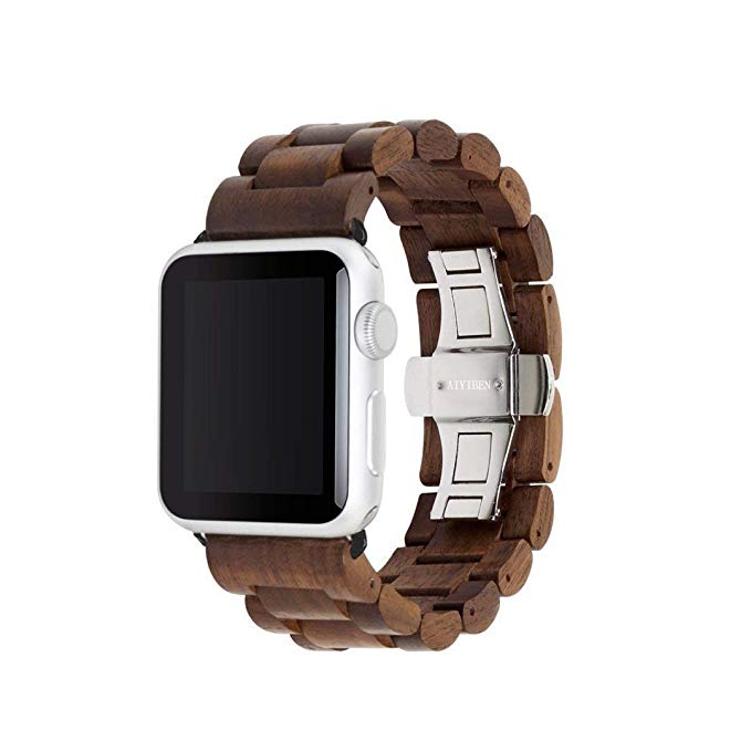 AIYIBEN Wooden Watch Band for Apple Watch, 100% Eco-Friendly Natural Hardwood Watch Strap Thickened Wrist Bracelet for iWatch Series 4, 3, 2, 1, Sport, Edition (Walnut-42mm)