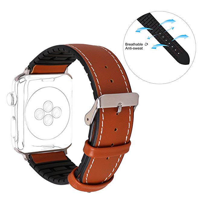 For iWatch Band Leather 38MM, Rosa Schleife Apple Watch Band 38mm Silicone Leather Sweat-proof Breathable Smart Watch Replacement Bands Women Men for Apple Watch Series 3/2/1 Sport & Edition - Brown