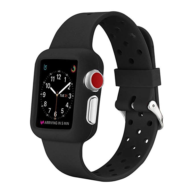 AMZER 42mm Silicone Strap Replacement Watch Band with Stainless Metal Clasp Skin for Apple Watch Series 1, Apple Watch Series 2, Apple Watch Series 3 - Black 42mm Watch Strap