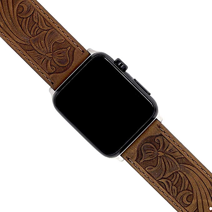 Ezzdo Band For Apple Watch Band 38mm, Leather Carved Handmade Bump Retro Genuine Leather Flower Replacement Strap For Men Women Brown Bracelet For Iwatch 38mm 42mm Series 1/2/3 (Retro Brown 38mm)