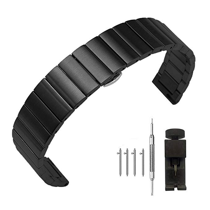 Metal Watch Band Quick Release Strap 20mm for Samsung Gear Sport/Gear S2 Classic/Pebble Time Round Large Smart Watch - Bamboo Pattern Stainless Steel Bracelet w/Butterfly Push Button Clasp, Black