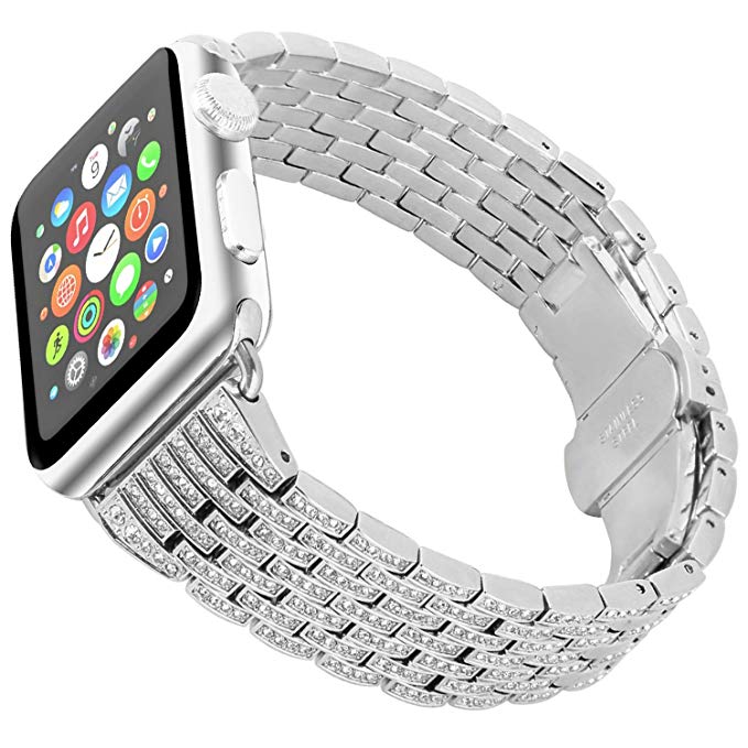 Tomazon Compatible Apple Watch Band 38mm, Stylish Crystal Rhinestone Diamond Stainless Steel Link iWatch Bracelet Strap Folding Buckle Apple Watch Series 3 Series 2 Series 1 - Silver