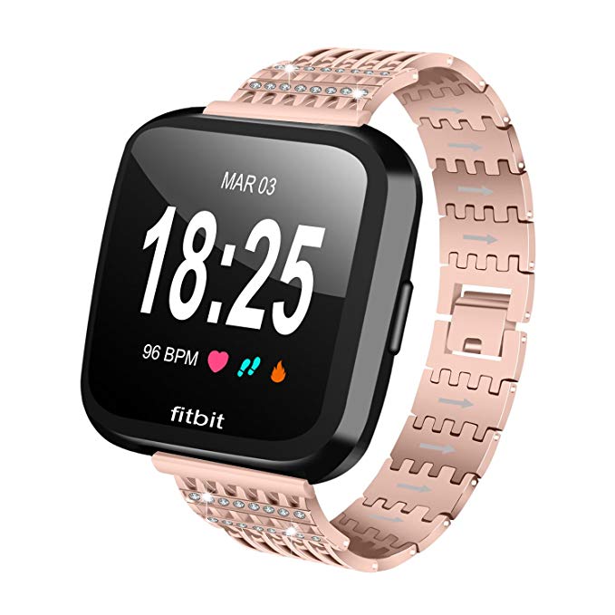 Kartice for Fitbit Versa Band, Luxury Stainless Steel Fitbit Versa Strap Alloy Crystal Rhinestone Diamon Bracelet for Fitbit Versa Smart Watch(Rose gold)