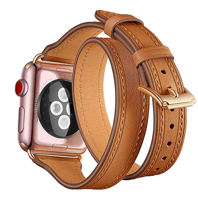 Balerion double wrap bands,compatible with apple watch,Genuine leather double tour strap,slim replacement wristband with stainless clasp for apple iwatch series 1 2 3,38mm Rose Clasp Brown Strap