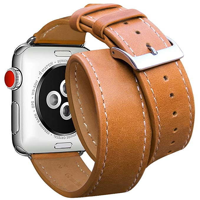Compatible Apple Watch Band 42mm 44mm, Marge Plus Genuine Leather Double Tour Watch Strap Replacement Band with Stainless Metal Clasp Compatible Apple Watch Series 4/3 / 2/1, Brown