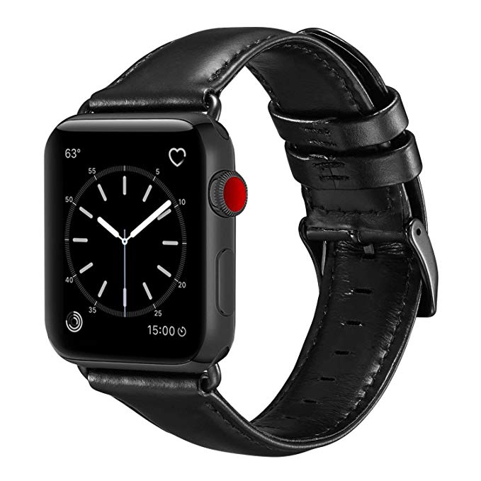 OUHENG Compatible with Apple Watch Band 42mm 44mm, Genuine Leather Band Replacement Compatible with Apple Watch Series 4 Series 3 Series 2 Series 1 (42mm 44mm) Sport and Edition, Black Band