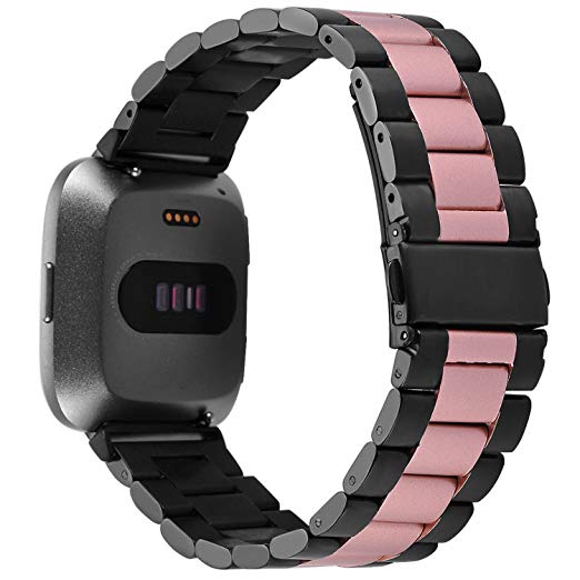 Rosa Schleife Fitbit Versa Band Stainless Steel Metal Replacement Strap Watchbands Classic Bracelet Clasp Wrist Band Accessories for Fitbit Versa SmartWatch - Black & Rose Gold