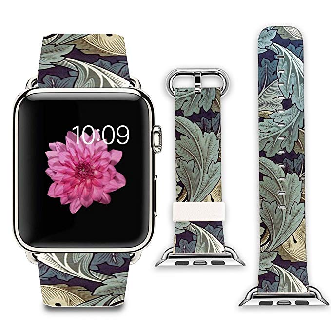 Apple Watch Band+adapter 38mm Stainless Steel Silver Metal Replacement Strap Wrist Band for iPhone Watch 38mm (100% Leather Retro leaves)