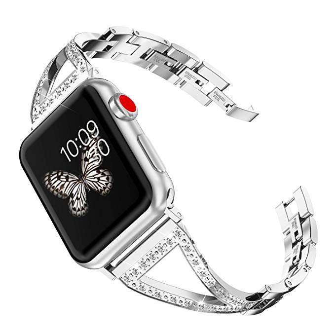 Wearlizer Silver Bling Womens Compatible Apple Watch Band 42mm 44mm iWatch Jewelry Stainless Steel Wristband Luxury Rhinestone Strap Beauty Bangle Replacement Metal Dress New Bracelet Series 4 3 2 1