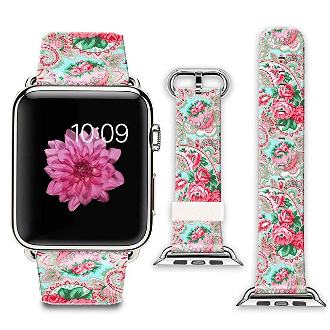 iWatch Leather Band 42mm, Band with Adapter for Apple Watch Strap 42mm - Pink Paisley