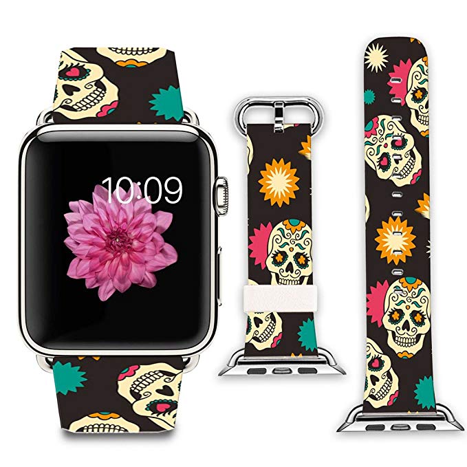 Apple Watch Band+adapter 38mm Stainless Steel Silver Metal Replacement Strap Wrist Band for Apple Watch 38mm (100% Leather - Fun Skull pattern)