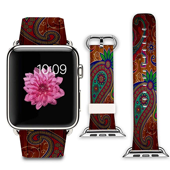 Apple Watch Band+adapter 38mm Stainless Steel Silver Metal Replacement Strap Wrist Band for iPhone Watch 38mm (100% Leather Retro paisley pattern)