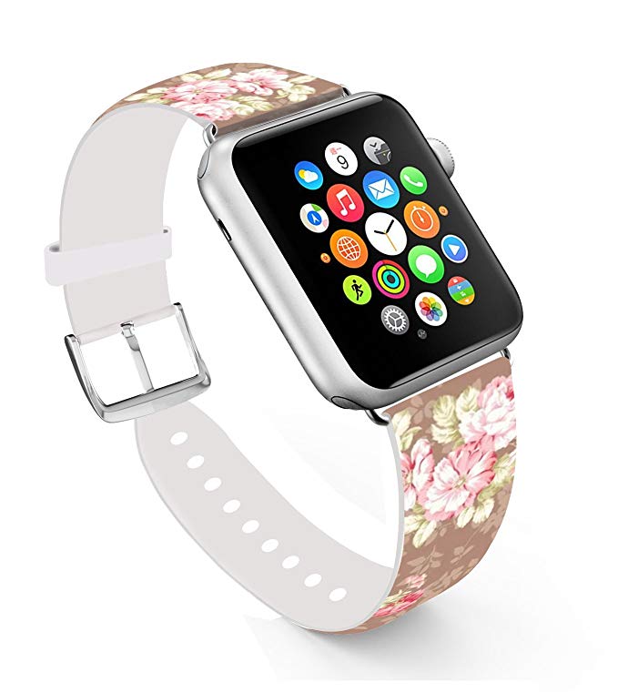 Apple Watch Band 38mm,Ecute Replacement Band Leather Iwatch Strap With Silver Metal Clasp for Iwatch 38mm Series 3/Series 2/Series 1/Edition/Sport - Classical Elegant Red Flowers Brown Background