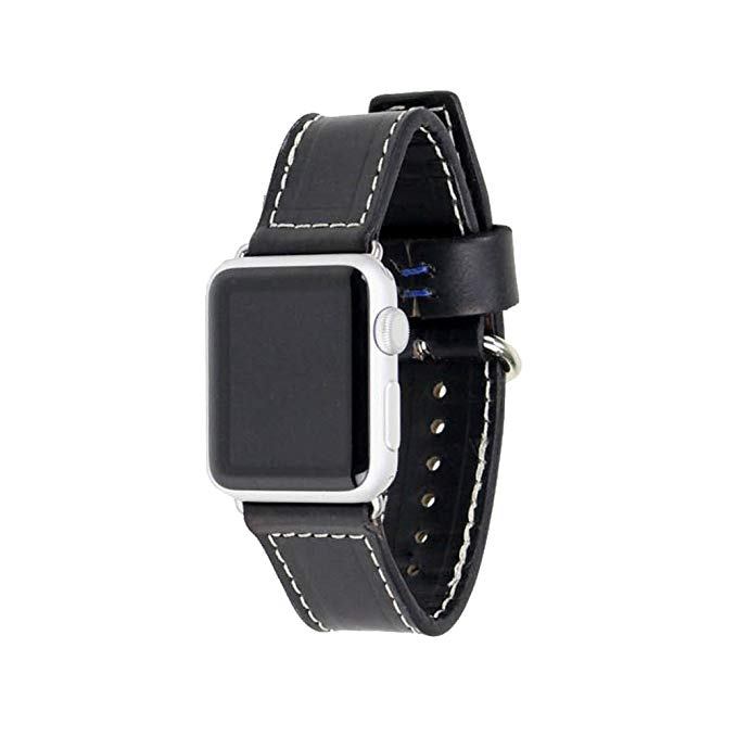 Rugged Material Leather Watch Band Compatible with Apple Watch 42mm - Black Horween Leather Strap for Apple Watch with Silver Hardware - Made in USA (42mm Black Leather w/Silver Hardware)