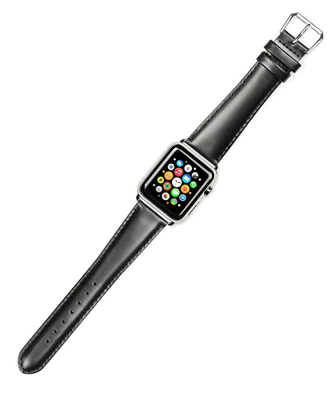 Debeer Replacement Watch Band - Stage Coach Leather - Black - Fits 38mm Apple Watch [Silver Adapters]