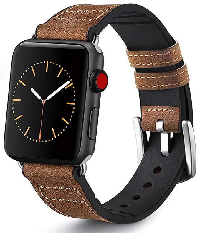 for Apple Watch Band 42mm Leather, Ocyclone Hybrid Leather iWatch Bands 42mm Replacement Strap with Stainless Steel Adapter and Buckle for iWatch Series 3 Series 2 Series 1, Nike+ - Brown