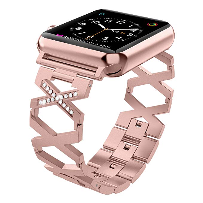 Wearlizer Womens Rose Gold Compatible Apple Watch Bands 38mm Womens iWatch Strap Bling Rhinestone Wristbands Replacement Stainless Steel New Beauty Bracelet, Metal Buckle Link, Series 3 2 1 Edition
