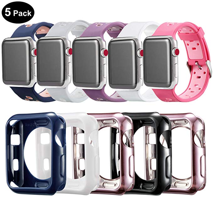 Compatible Apple Watch Band Case 38mm 5 Pack, MAIRUI iWatch Silicone Wristband with TPU Apple Watch Cover Case Sports Strap Replacement for Apple Watch Series 3/2/1, iWatch Sport/Edition/Nike+