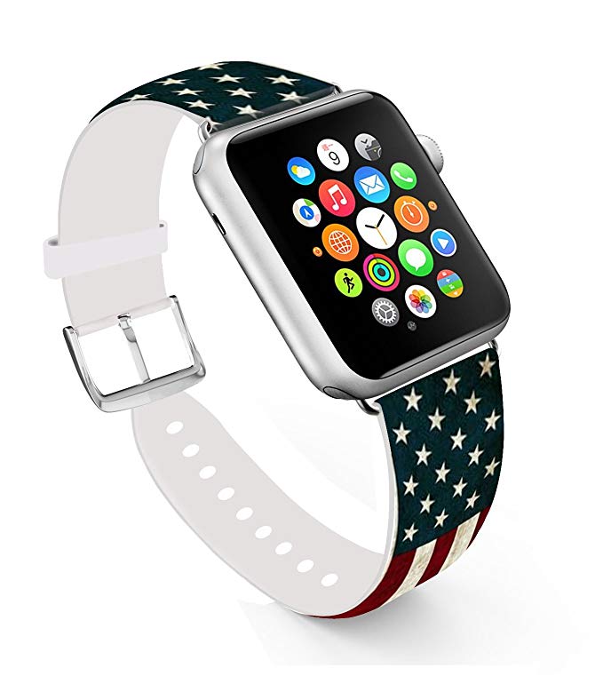 For Apple Watch Band 38mm,Ecute Replacement Band Leather Iwatch Strap With Silver Metal Clasp for Iwatch 38mm Series 3/Series 2/Series 1/Edition/Sport - The National Flag