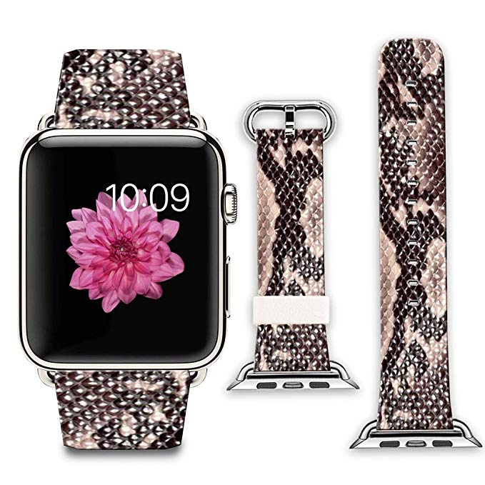 Apple Watch Band+adapter 42mm Stainless Steel Silver Metal Replacement Strap Wrist Band for Apple Watch 42mm (100% Leather - Brown snakeskin pattern pattern)
