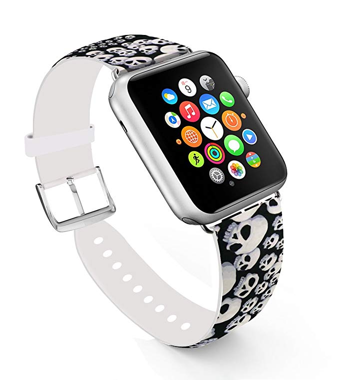 Apple Watch Band 38mm,Replacement Band Genuine Leather Iwatch Strap With Silver Metal Clasp For Iwatch 38mm Psychedelic Skull Pattern