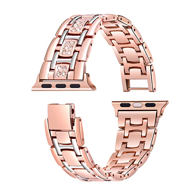 ROGOBAND Compatible Iwatch Band 38mm Rose Gold for Women, Fashion Glitter Wristbands Metal Replacement Band, Stainless Steel Strap Compatible Apple Watch Series 3/2/1 (38mm, Rose Gold + Silver)