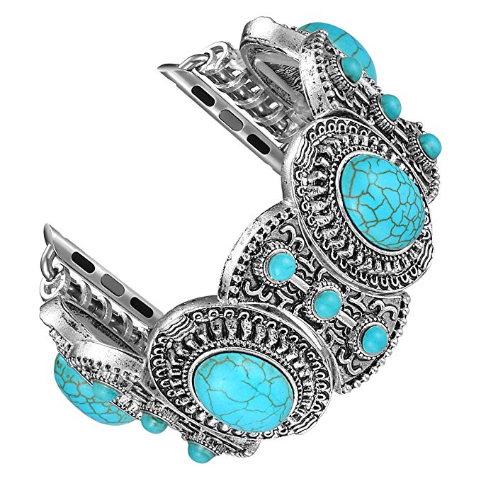 fastgo Compatible with Apple Watch Band 38mm 42mm Women, Bohemian Ethnic Antique Style with Turquoise Fashion Compatible with Iwatch Strap for Series 3/2/1 All Type